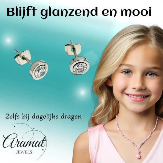 Oorstuds – Staal Zirkonia Transparant Zilverkleur (6mm) - Aramat Jewels - Oorbellen - cadeautip