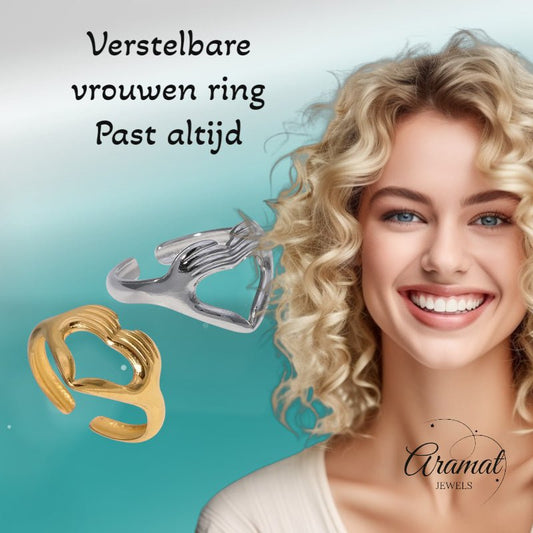 Open Ring RVS Hart met Handen Symbool (14 mm Breed) - Aramat Jewels - Ringen - cadeautip
