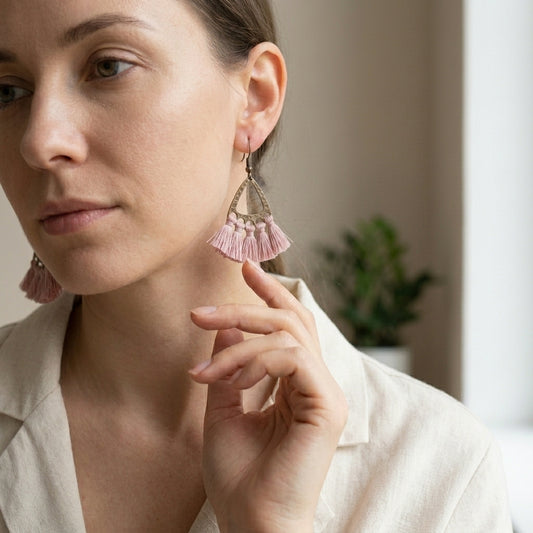 Boho Earrings Tassels Pink 55x30mm