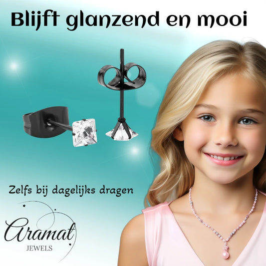 Boucles d'oreilles – Acier inoxydable noir avec zircon carré (3 mm)