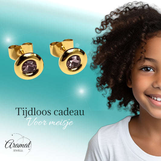 Earrings – Stainless Steel Gold-Colored with Pink Crystal (8mm)