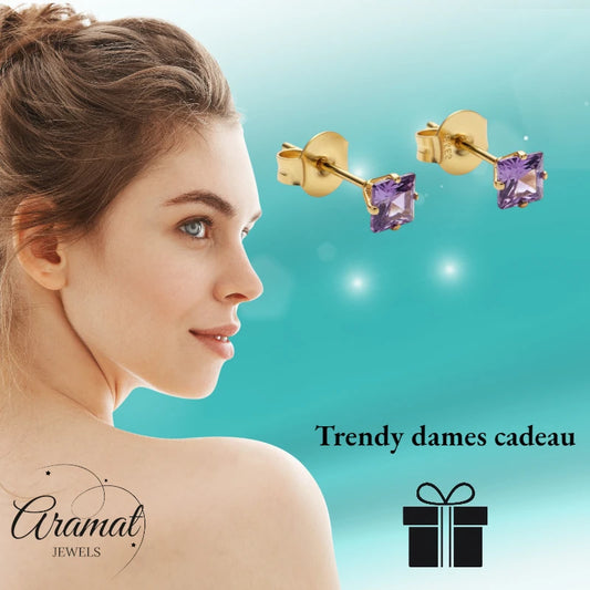 Boucles d'oreilles – Acier inoxydable couleur or avec zircone carrée violette (4 mm)