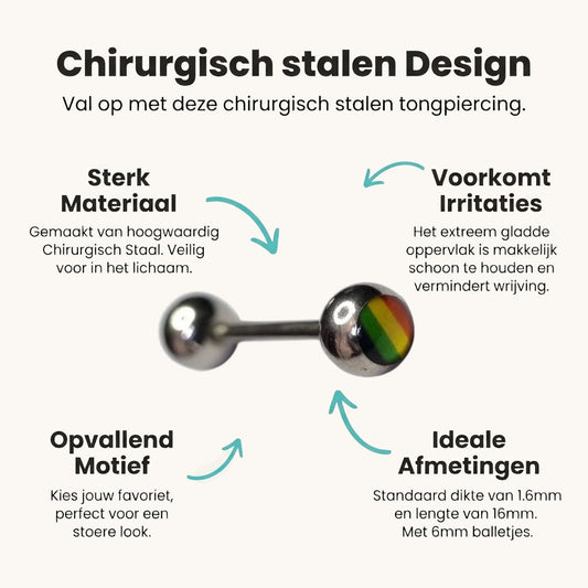 Aramat Jewels steel tongue piercing with rainbow stripe design on one ball. Silver-tone metal.