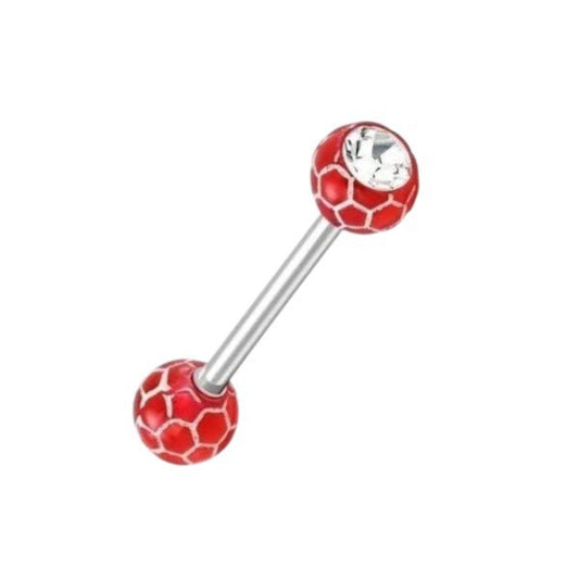 Aramat Jewels steel tongue piercing with red acrylic and clear crystal accent. Features a silver bar and red patterned balls.