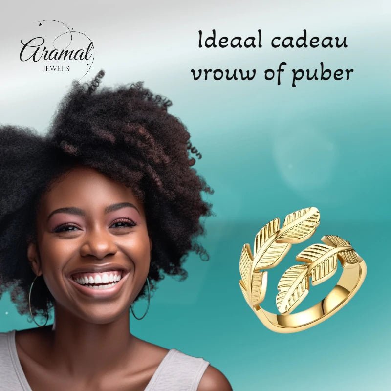 RVS Damesring Verstelbaar β Brede Open Veertjesvorm β 15 mm - ring348 - 2990 - Ringen kopen# - Goudkleur - alles - boho