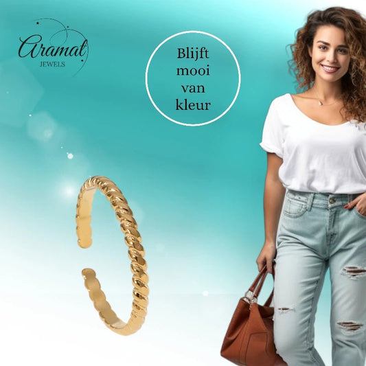 Smalle Damesring met Streepjes Motief | RVS - ring379 - Ringen kopen# - Goudkleur - alles - boho