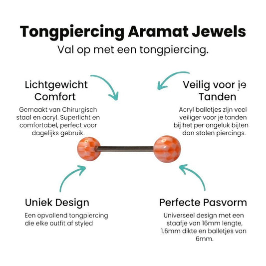 Aramat Jewels white and orange checkered acrylic tongue piercing with a silver-tone steel bar.