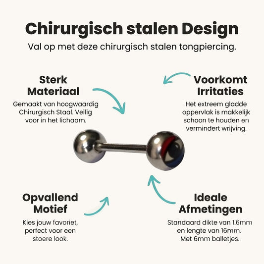 Aramat Jewels steel tongue piercing with a colorful eye logo design. Features silver-tone steel and a 16mm bar.