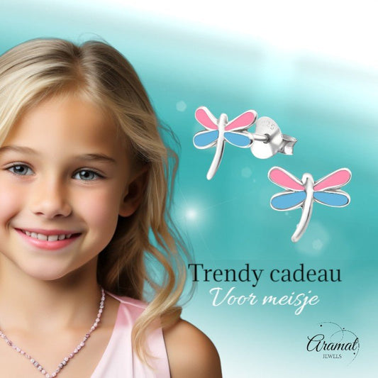 Sterling Zilveren Libelle Oorstekers Multicolor Emaille Roze Blauw 9x8mm - Aramat Jewels - Oorbellen - cadeautip