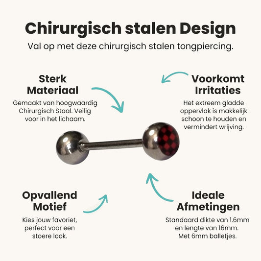 Aramat Jewels steel tongue piercing with silver balls and a red and black checkered design on one ball.