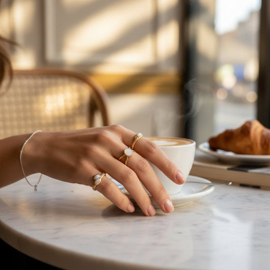 Verstelbare RVS Ring met Parelwitte Emaille Ovalen - Goudkleur (15 mm) - Aramat Jewels - Ringen - cadeautip