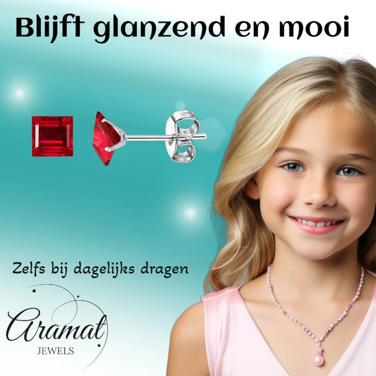 Boucles d'oreilles – Zirconium carré de 6 mm rouge sur acier inoxydable argenté