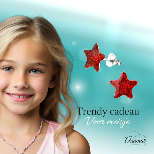 Zilveren Kinderoorbellen Rode Glitter Ster 9mm - Aramat Jewels - Oorbellen - cadeautip