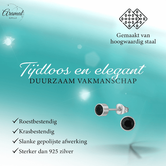 Zwarte kristal oorstekers – 5mm zilver RVS - Aramat Jewels - Oorbellen - cadeautip
