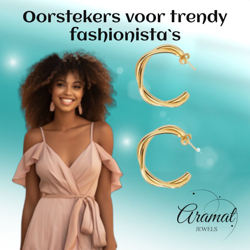 Goudkleurige Gedraaide Halve Oorringen 30x4mm RVS