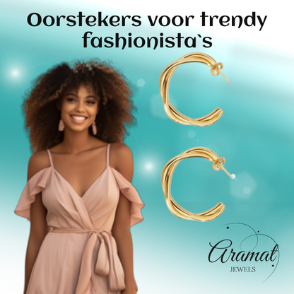 Goudkleurige Gedraaide Halve Oorringen 30x4mm RVS