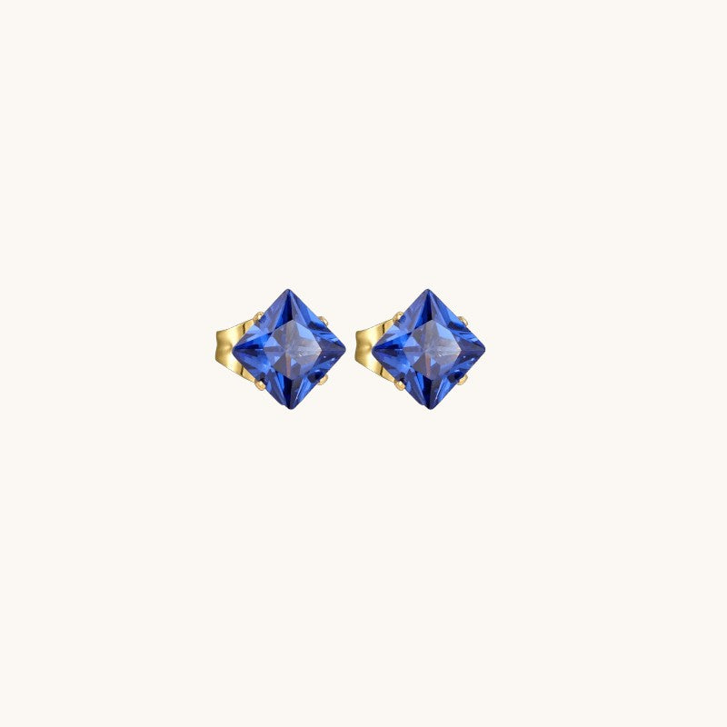 Gold-Colored Square Earrings with Blue Zirconia