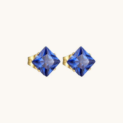 Gold-Colored Square Earrings with Blue Zirconia