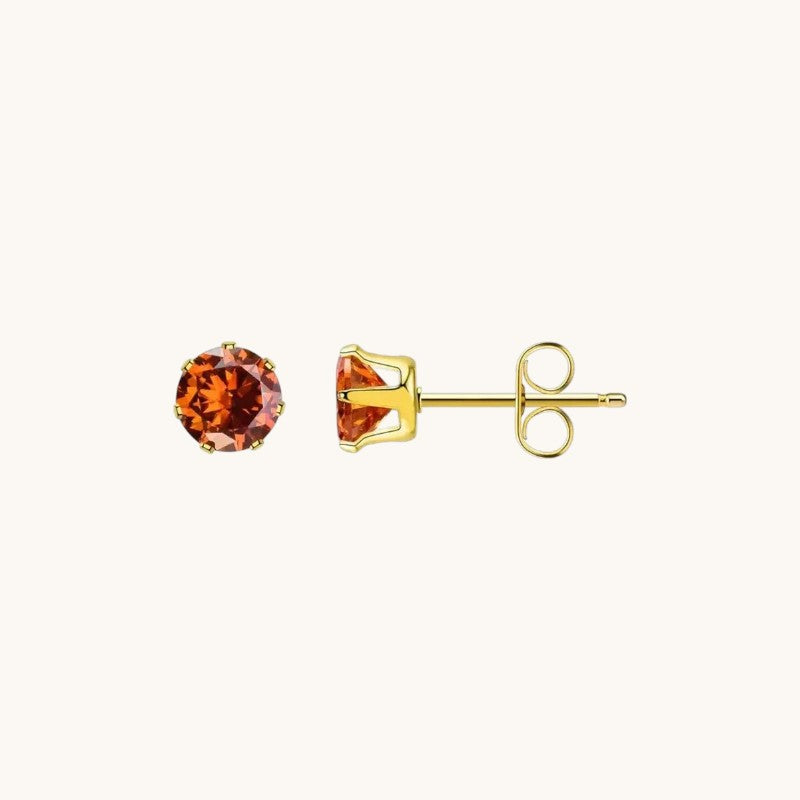 Gold-colored Stainless Steel Stud Earrings Birthstone July - Red Orange Zirconia