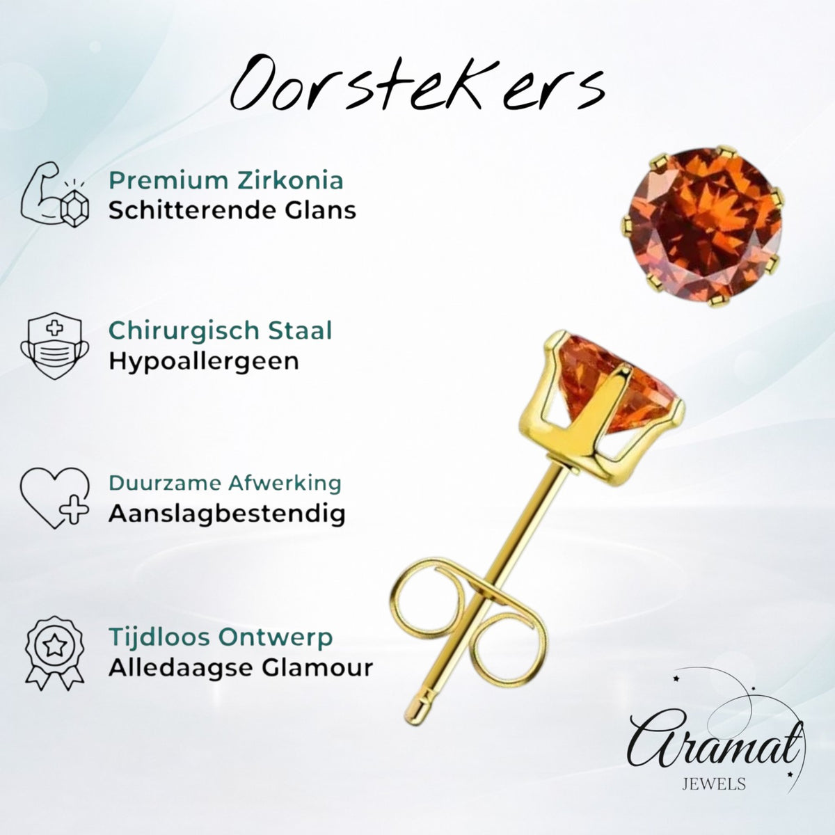 Gold-colored Stainless Steel Stud Earrings Birthstone July - Red Orange Zirconia