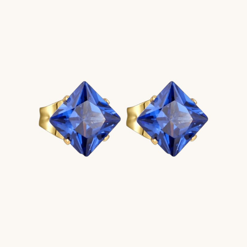 Gold-Colored Square Earrings with Blue Zirconia