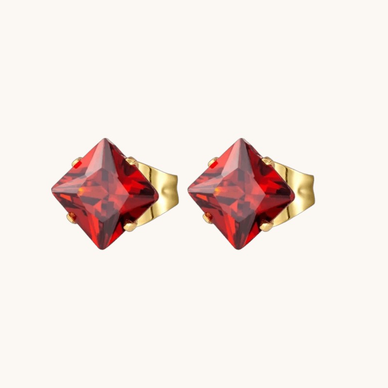 Steel Gold-Colored Square Earrings Red