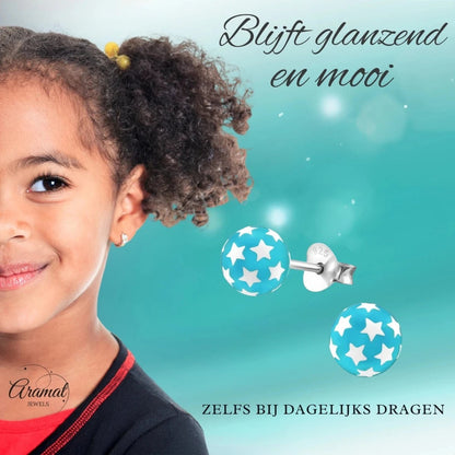 925 Sterling Zilveren Bolletjes Oorknopjes Blauw met Witte Sterretjes 6mm - Aramat Jewels - Oorbellen - cadeautip