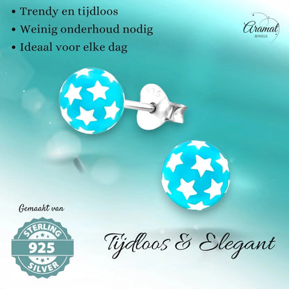 925 Sterling Zilveren Bolletjes Oorknopjes Blauw met Witte Sterretjes 6mm - Aramat Jewels - Oorbellen - cadeautip