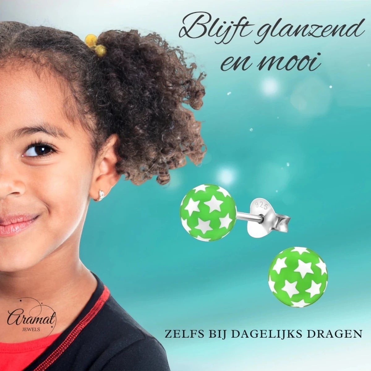 925 Sterling Zilveren Bolletjes Oorknopjes Groen met Witte Sterretjes 6mm - Aramat Jewels - Oorbellen - cadeautip