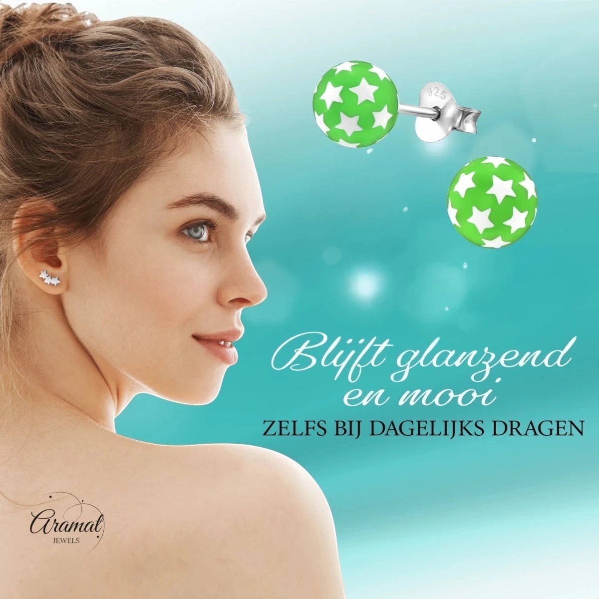 925 Sterling Zilveren Bolletjes Oorknopjes Groen met Witte Sterretjes 6mm - Aramat Jewels - Oorbellen - cadeautip