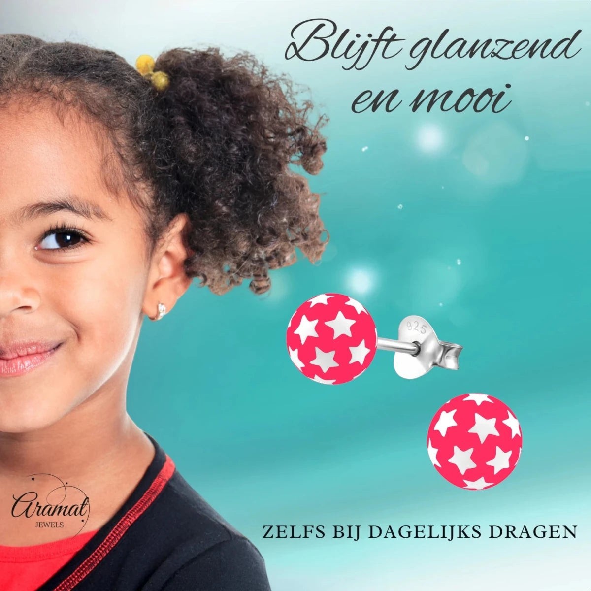 925 Sterling Zilveren Bolletjes Oorknopjes Roze met Witte Sterretjes 6mm - Aramat Jewels - Oorbellen - cadeautip