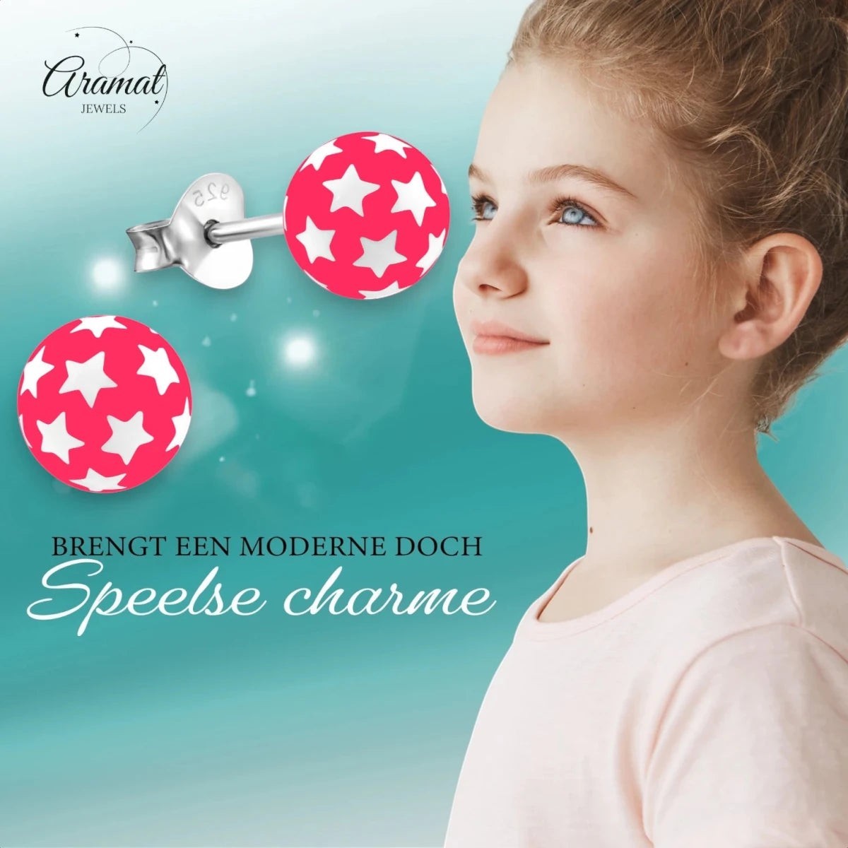 925 Sterling Zilveren Bolletjes Oorknopjes Roze met Witte Sterretjes 6mm - Aramat Jewels - Oorbellen - cadeautip