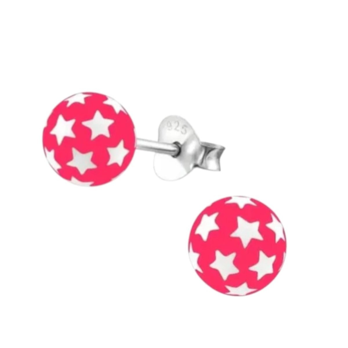 925 Sterling Zilveren Bolletjes Oorknopjes Roze met Witte Sterretjes 6mm - Aramat Jewels - Oorbellen - cadeautip