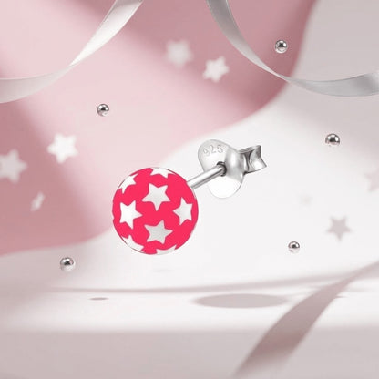925 Sterling Zilveren Bolletjes Oorknopjes Roze met Witte Sterretjes 6mm - Aramat Jewels - Oorbellen - cadeautip