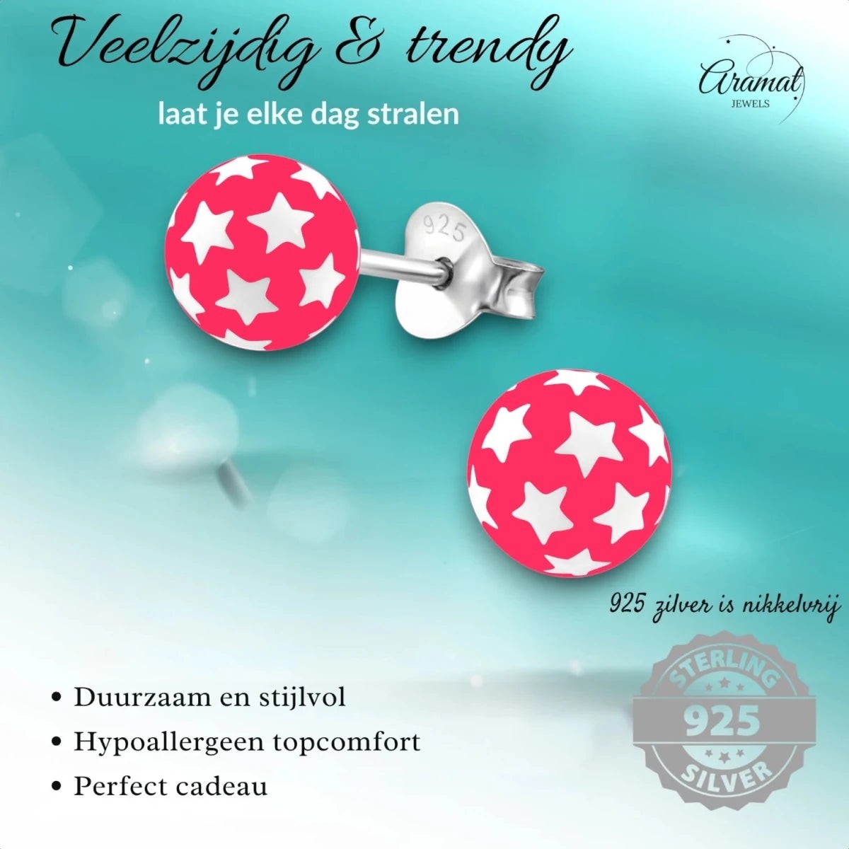 925 Sterling Zilveren Bolletjes Oorknopjes Roze met Witte Sterretjes 6mm - Aramat Jewels - Oorbellen - cadeautip