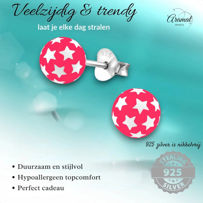 925 Sterling Zilveren Bolletjes Oorknopjes Roze met Witte Sterretjes 6mm - Aramat Jewels - Oorbellen - cadeautip