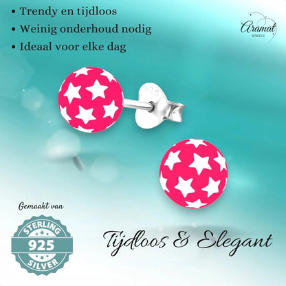 925 Sterling Zilveren Bolletjes Oorknopjes Roze met Witte Sterretjes 6mm - Aramat Jewels - Oorbellen - cadeautip