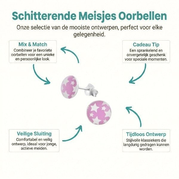 925 Sterling Zilveren Oorknopjes Rond Roze met Witte Sterretjes 7mm - Aramat Jewels - Oorbellen - cadeautip