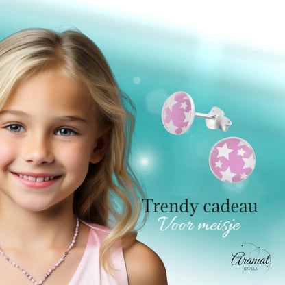 925 Sterling Zilveren Oorknopjes Rond Roze met Witte Sterretjes 7mm - Aramat Jewels - Oorbellen - cadeautip