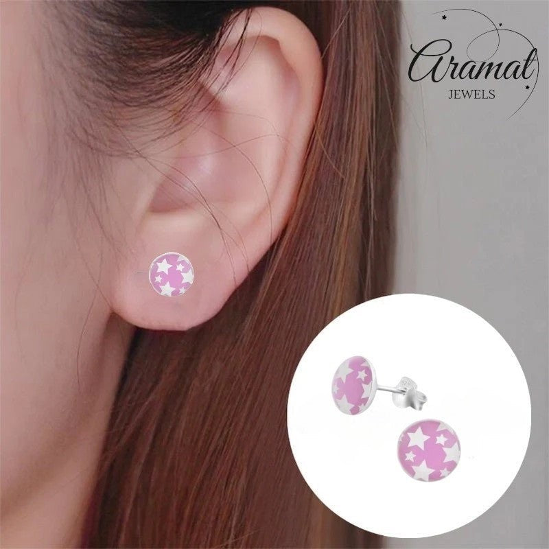 925 Sterling Zilveren Oorknopjes Rond Roze met Witte Sterretjes 7mm - Aramat Jewels - Oorbellen - cadeautip