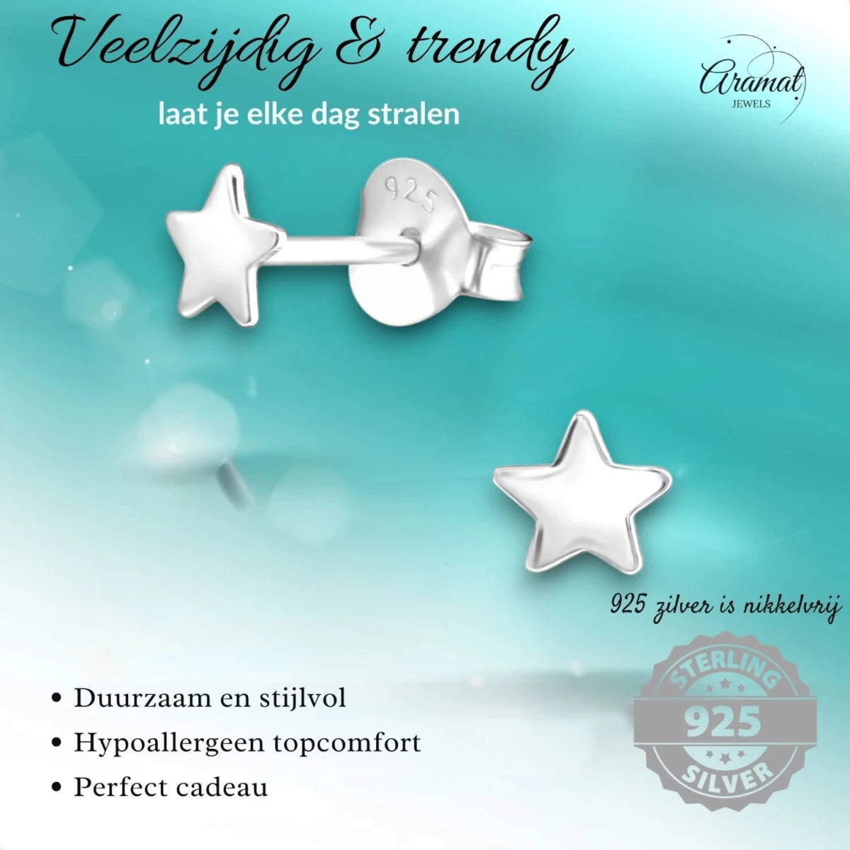 925 Sterling Zilveren Platte Sterretjes Oorknopjes 4mm - Aramat Jewels - Oorbellen - cadeautip