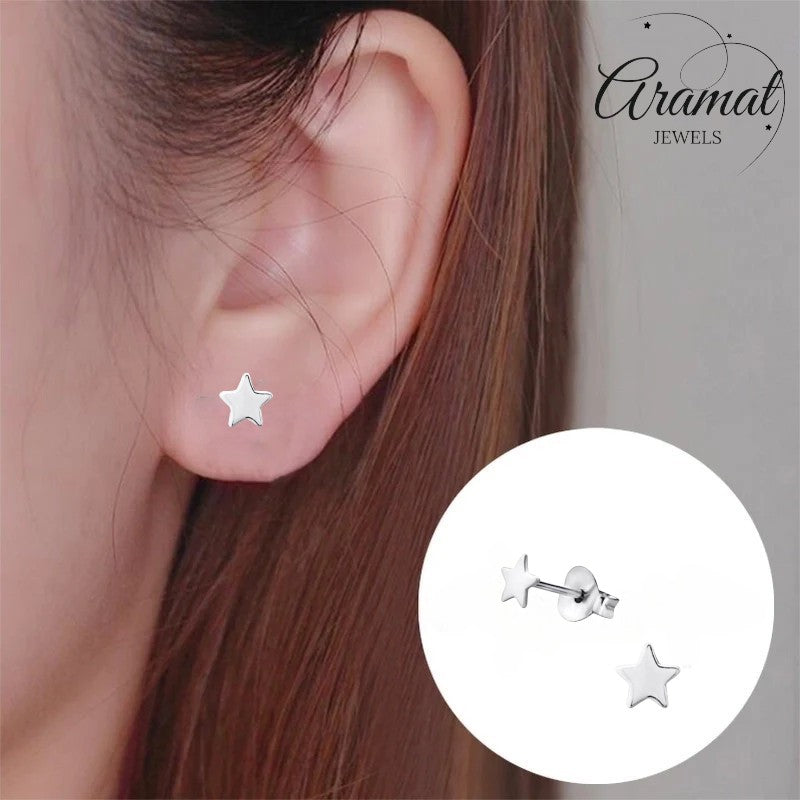 925 Sterling Zilveren Platte Sterretjes Oorknopjes 4mm - Aramat Jewels - Oorbellen - cadeautip