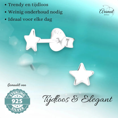 925 Sterling Zilveren Platte Sterretjes Oorknopjes 4mm - Aramat Jewels - Oorbellen - cadeautip