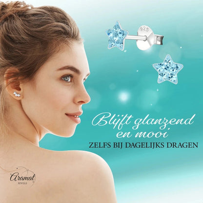 925 Sterling Zilveren Sterretjes Oorknopjes met Blauw Kristal 5mm - Aramat Jewels - Oorbellen - cadeautip