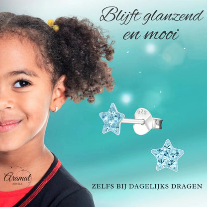 925 Sterling Zilveren Sterretjes Oorknopjes met Blauw Kristal 5mm - Aramat Jewels - Oorbellen - cadeautip