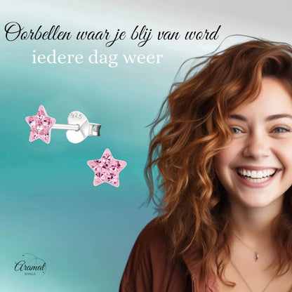 925 Sterling Zilveren Sterretjes Oorknopjes met Roze Kristal 5mm - Aramat Jewels - Oorbellen - cadeautip