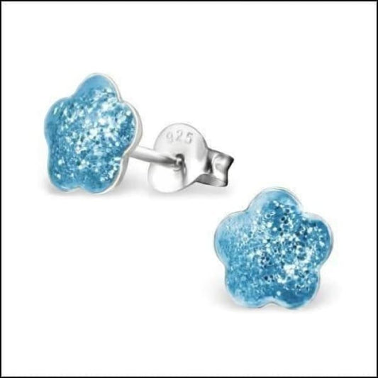 925 Zilveren Kinderoorbellen Blauwe Glitter Bloem 8mm - Aramat Jewels - RVS Sieraden - Oorbellen - cadeautip
