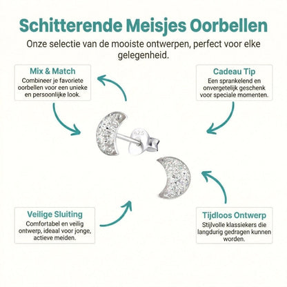 925 Zilveren Kinderoorbellen Transparante Glitter Maan 6x3mm - Aramat Jewels - Oorbellen - cadeautip