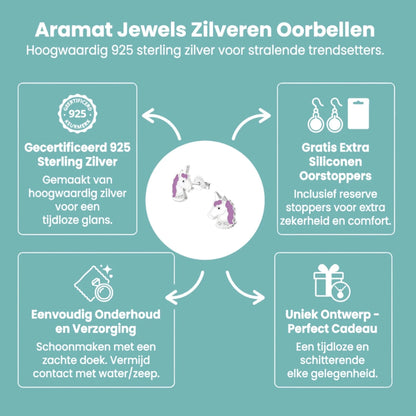 925 Zilveren Unicorn Oorbellen Wit Paars Kristal - Eenhoorn Studs - Aramat Jewels - Oorbellen - cadeautip