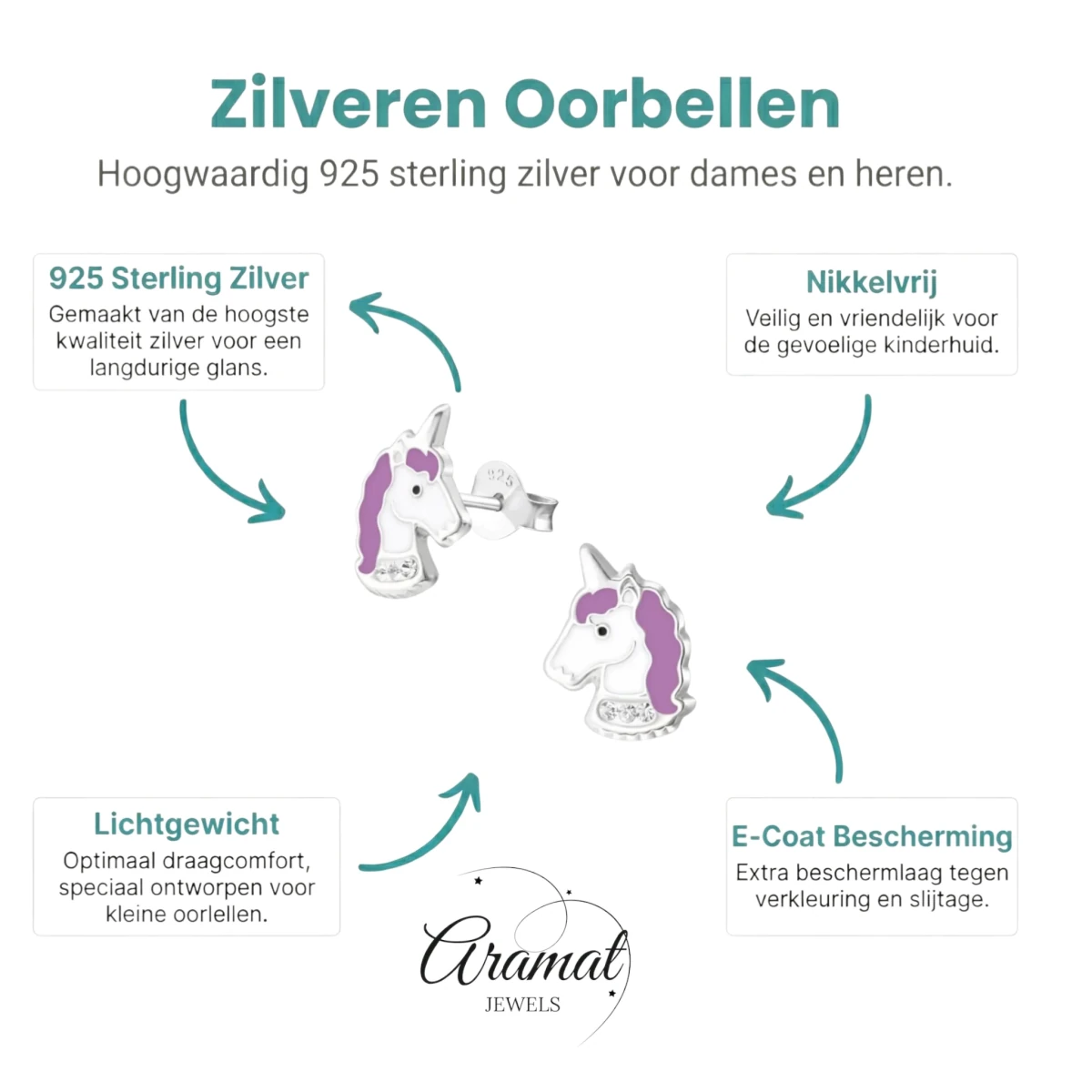 925 Zilveren Unicorn Oorbellen Wit Paars Kristal - Eenhoorn Studs - Aramat Jewels - Oorbellen - cadeautip
